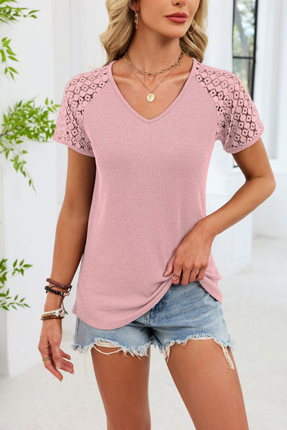 Boho V Neck Lace Sleeve Top Solid Knit Casual Blouse