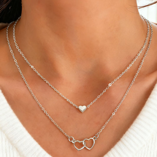 Double Heart Layered Necklace Valentine Jewelry Set