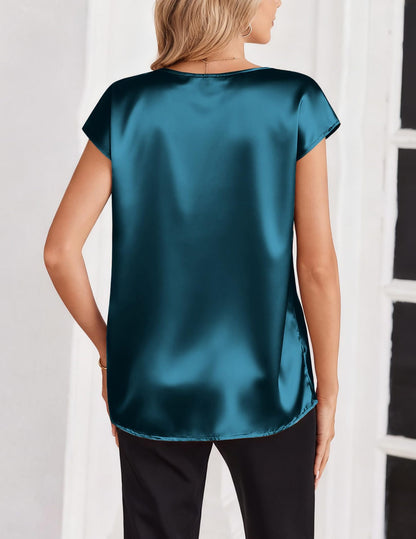 Satin V-Neck Short Sleeve Top Elegant Work & Casual Blouse