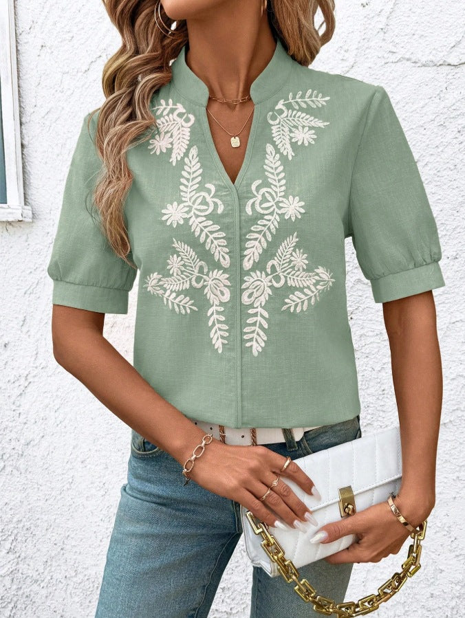 V Neck Embroidered Cotton Blouse Casual Summer Shirt