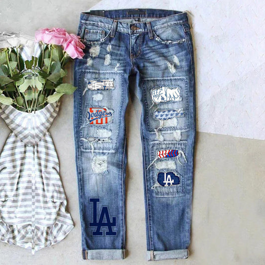 Game Day Distressed Straight Leg Mid Rise Jeans