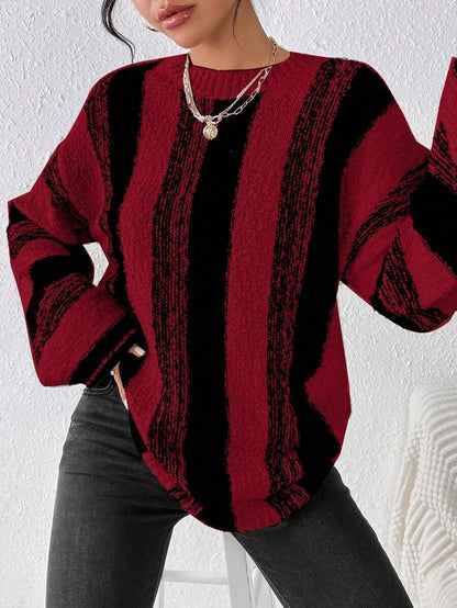Womens Oversized Striped Sweater Crewneck Knit Pullover