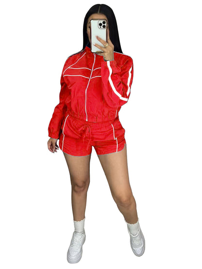 Women's Zip Jacket Shorts Two Piece Set Contrast Piping