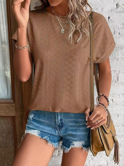 Solid Eyelet Short Sleeve Tee Loose Fit Casual Top