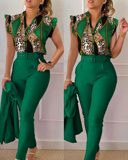 Floral Ruffle Sleeve Top & Belted Pants Two Piece Set