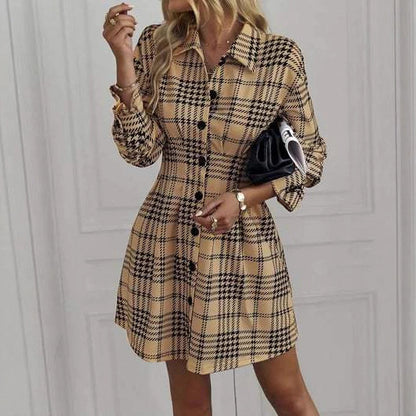 Plaid Button Front Mini Shirt Dress Long Sleeve