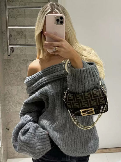 Womens Off Shoulder Bell Sleeve Sweater Oversized Knit Top
