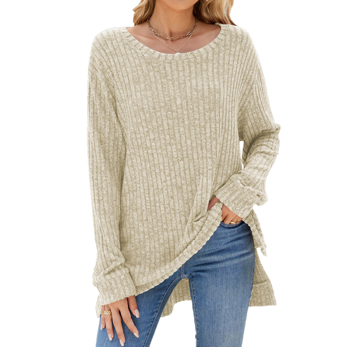Women's Oversized Ribbed Long Sleeve Side Slit Tunic Top