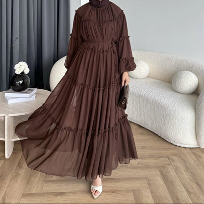 Long Puff Sleeve Tiered Maxi Dress Tie Waist
