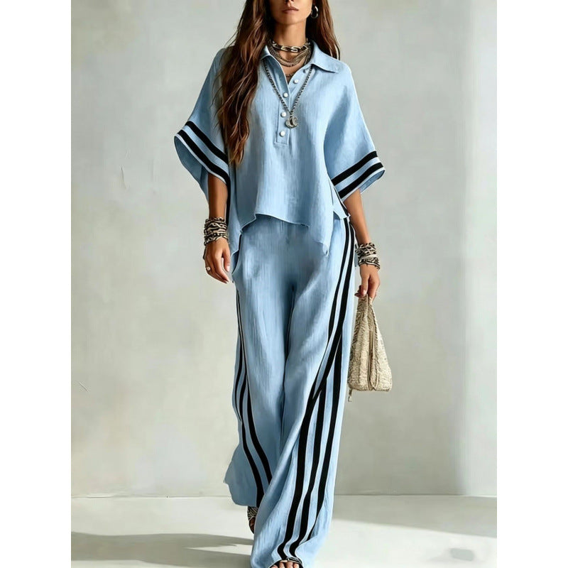 Women's Striped Oversized Shirt Wide Leg Pants 2 Piece Set