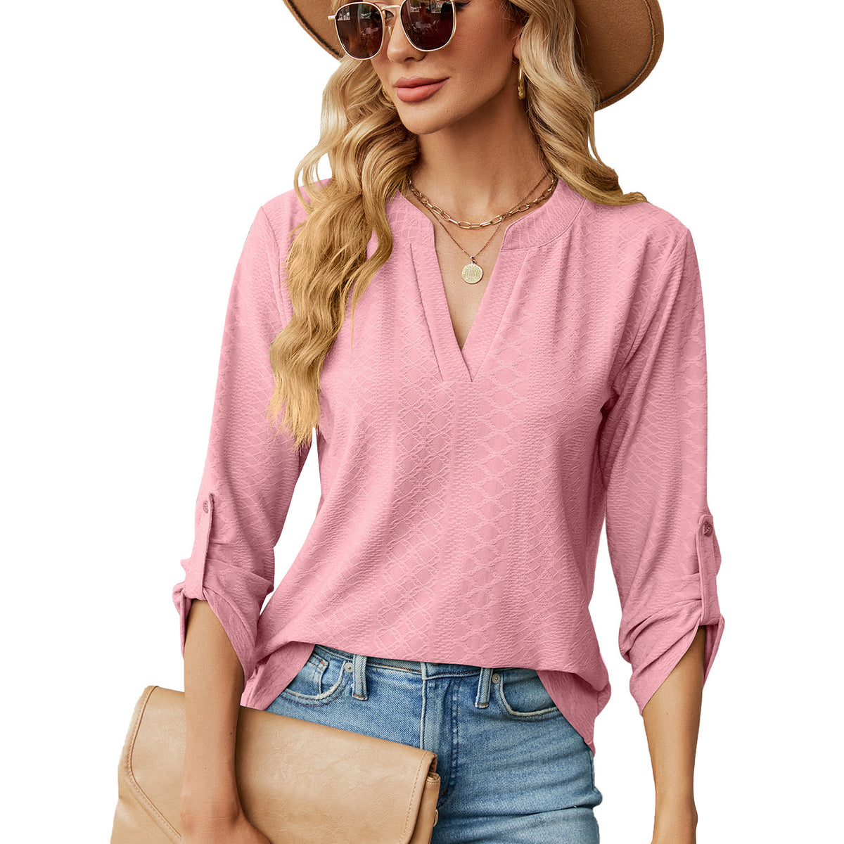 Womens V Neck 3/4 Sleeve Button Loose Tunic Top