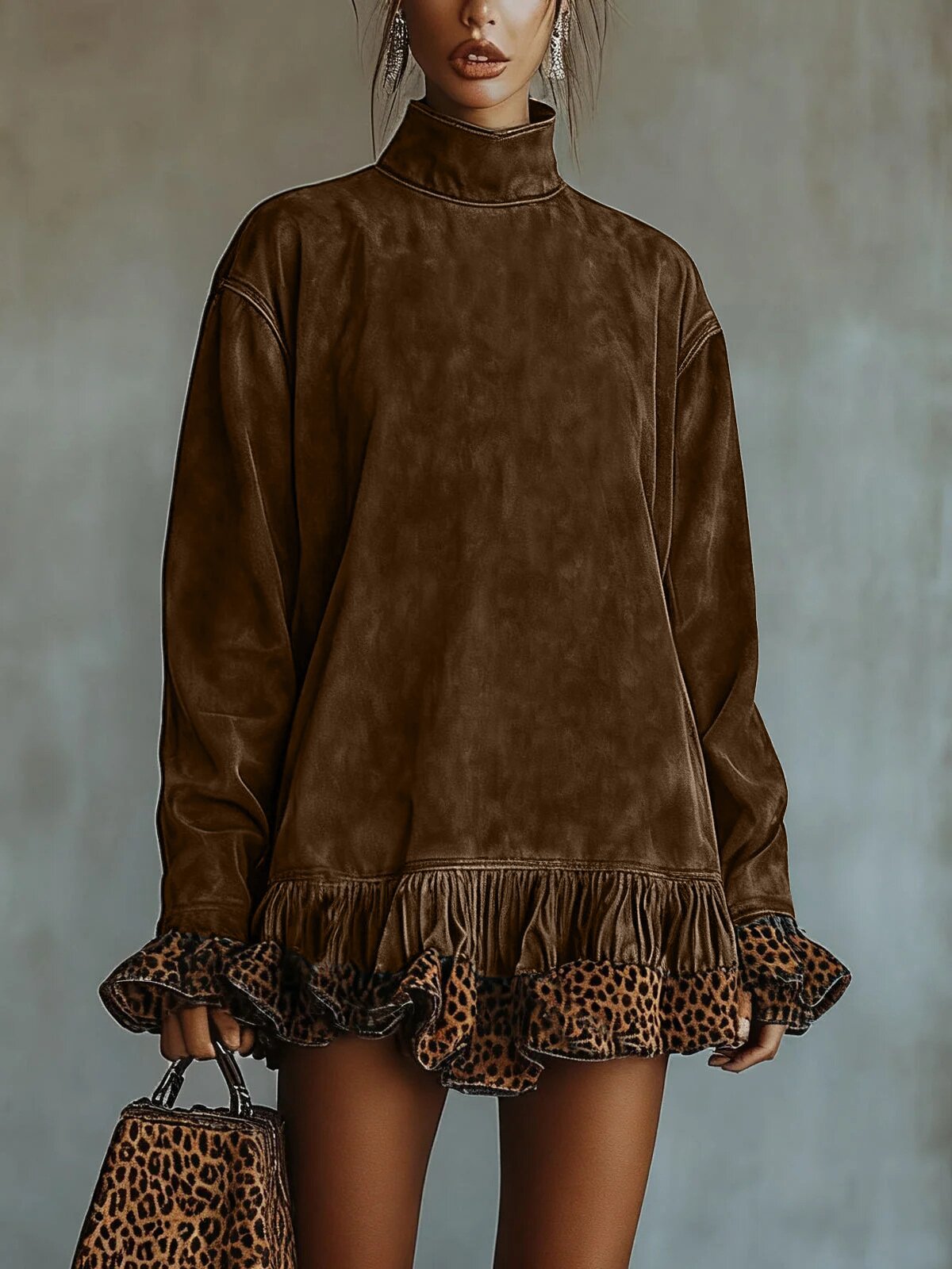 Women's Mock Neck Leopard Ruffle Hem Long Sleeve Dress