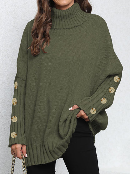 Button Turtleneck Lapel Loose Woven Shirt Top Women's Pullover Sweater