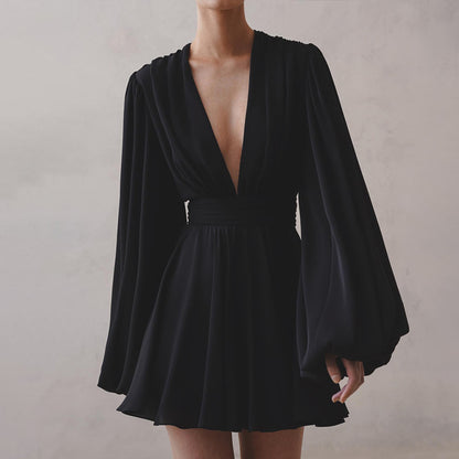 Sexy Black Puff Sleeve V-Neck High Waist Mini Dress