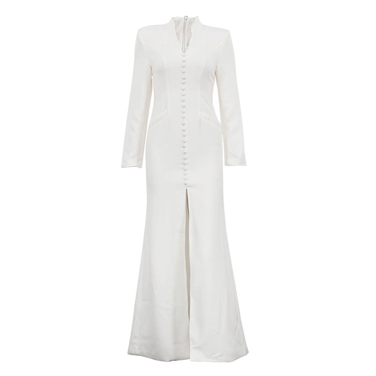 V-Neck Long Sleeve Button Front Slit Bodycon Maxi Dress