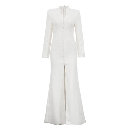 V-Neck Long Sleeve Button Front Slit Bodycon Maxi Dress