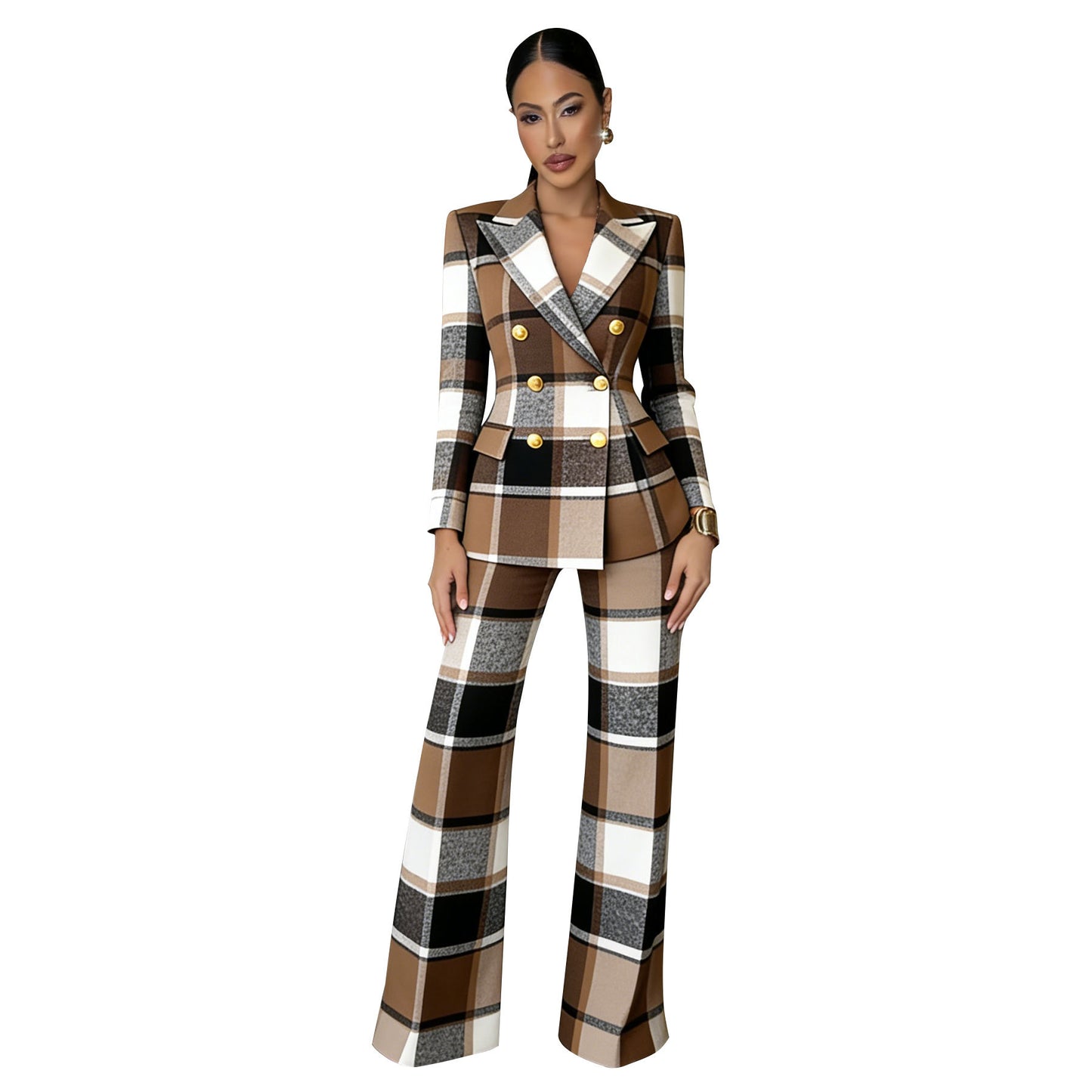 Women Plaid Blazer Pants Set Trendy Two Piece Suit