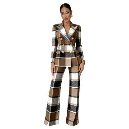 Women Plaid Blazer Pants Set Trendy Two Piece Suit