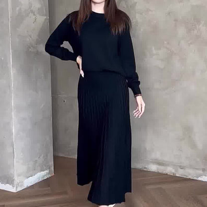 Women's Two Piece Pleated Maxi Skirt Set Long Sleeve