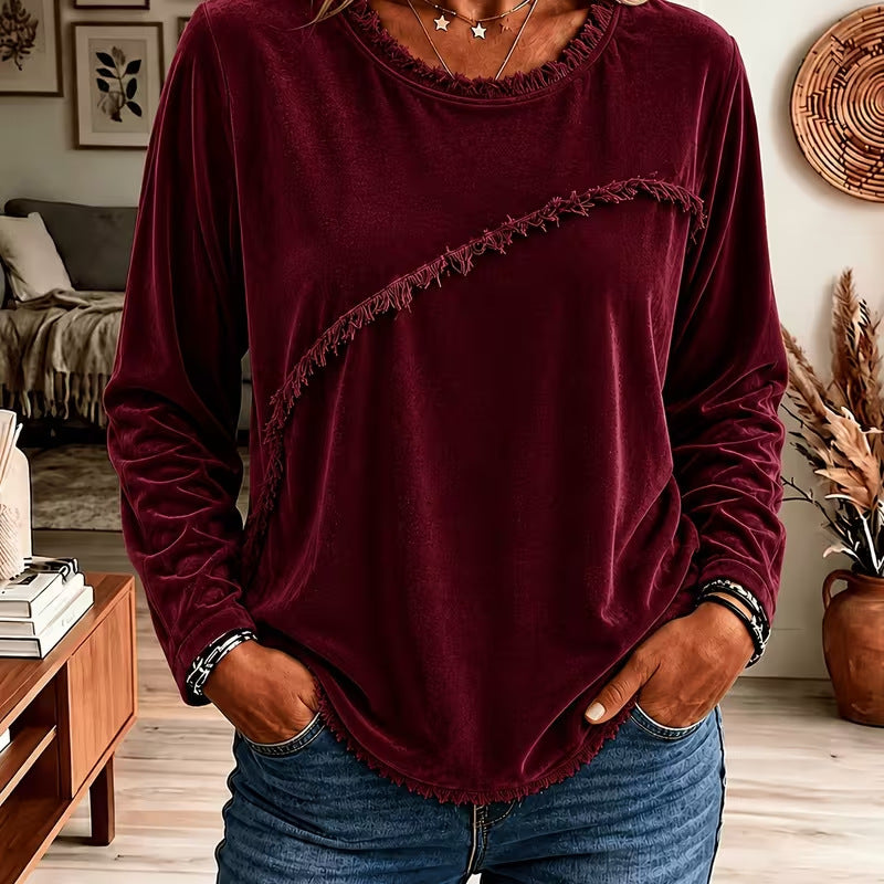 Women's Velvet Fringe Long Sleeve Round Neck Top
