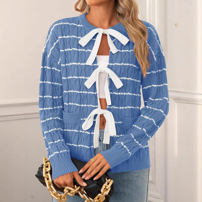 Women's Striped Bow Tie Front Cardigan Sweater