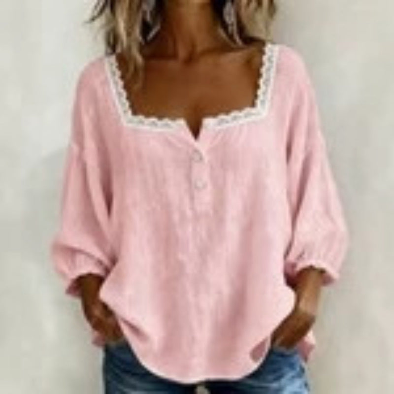 Women's Square Neck Puff Sleeve Button Loose Blouse Top