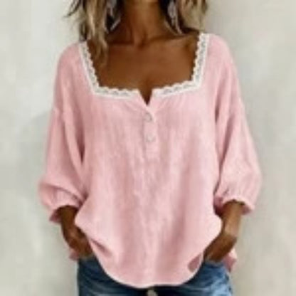 Women's Square Neck Puff Sleeve Button Loose Blouse Top