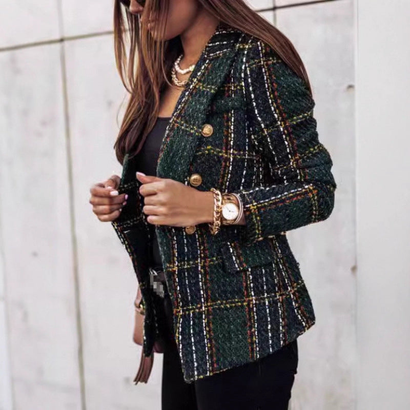 Women's Tweed Plaid Blazer Long Sleeve Jacket