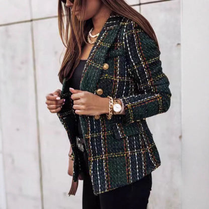 Women's Tweed Plaid Blazer Long Sleeve Jacket