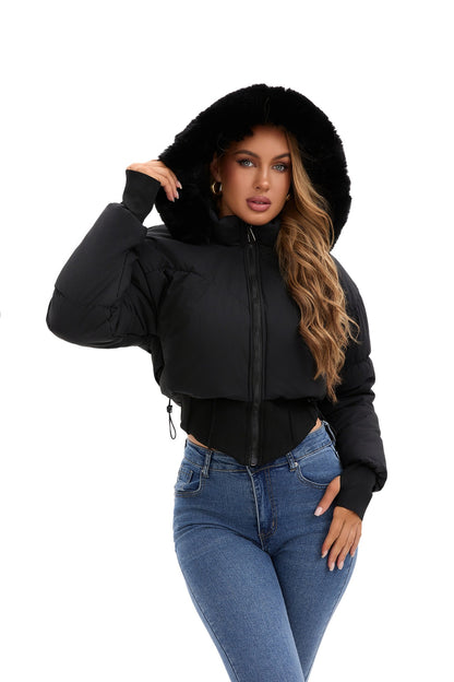 Women's Faux Fur Hood Cropped Cinch Waist Puffer Jacket