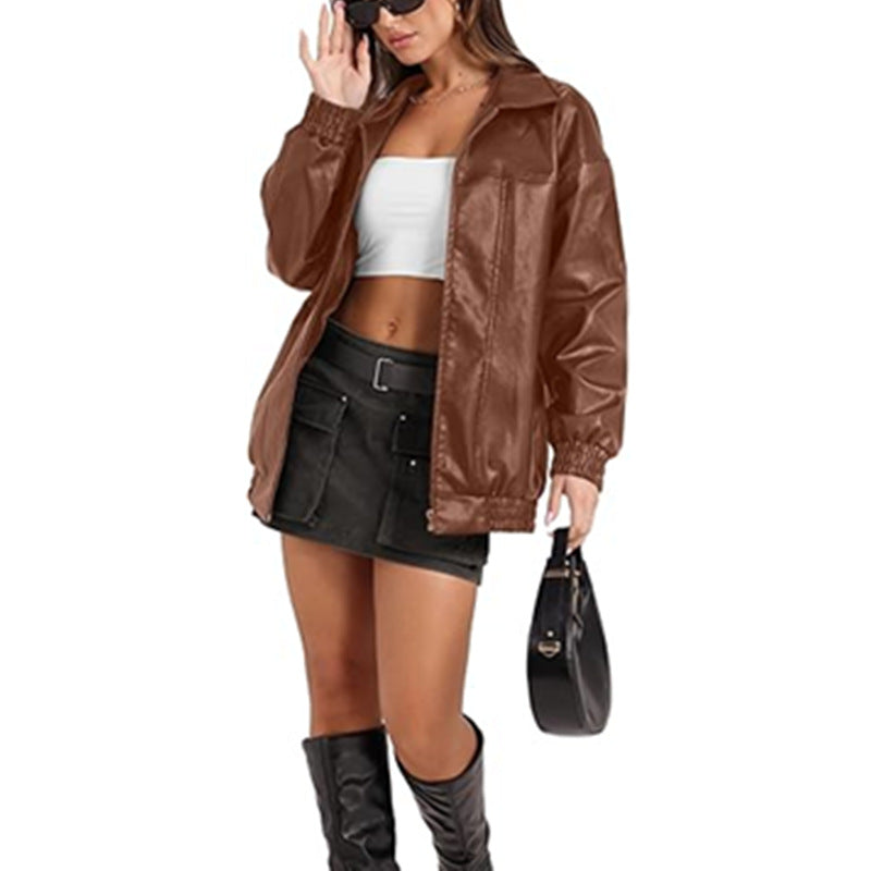 Women's Oversized Faux Leather Jacket Zip Up Collared