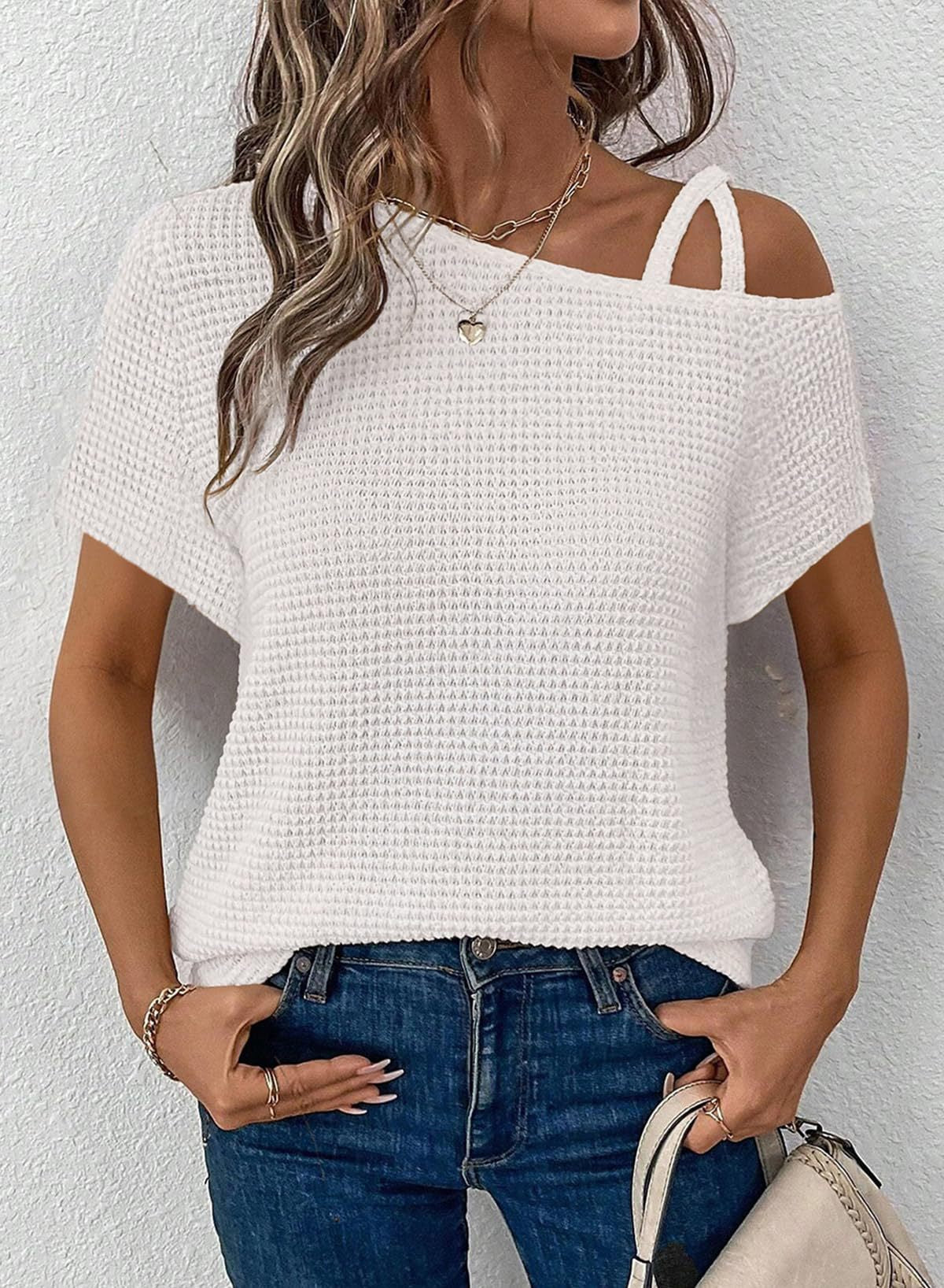 Women's Off-Shoulder Knit Top – Casual Summer Short Sleeve Blouse