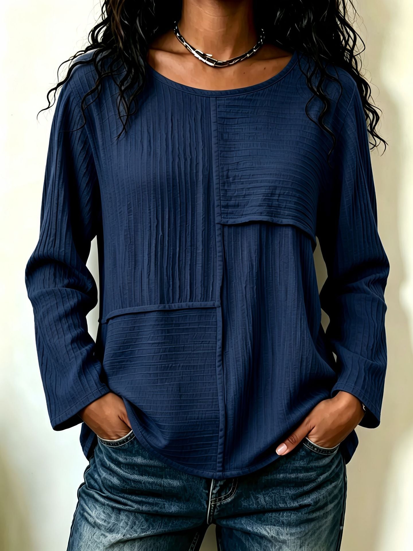 Women's Oversized Patchwork Crew Neck Long Sleeve Top