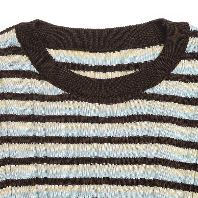 Striped Cropped Sweater Flare Sleeve Knit Top Retro
