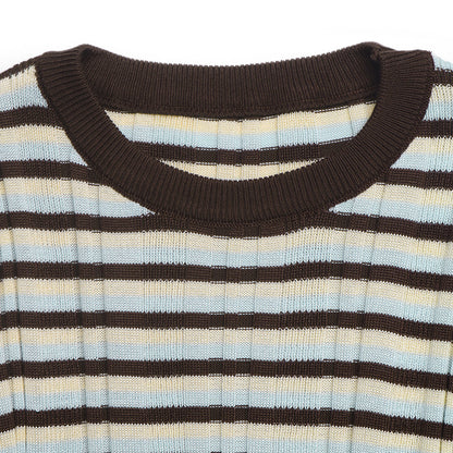 Striped Cropped Sweater Flare Sleeve Knit Top Retro
