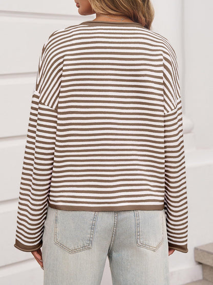 Brown White Striped Button Front Knit Cardigan Sweater