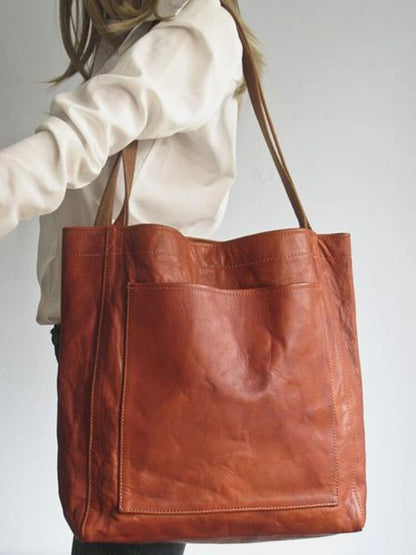 Vintage Soft Leather Tote Bag with Pocket Large Capacity