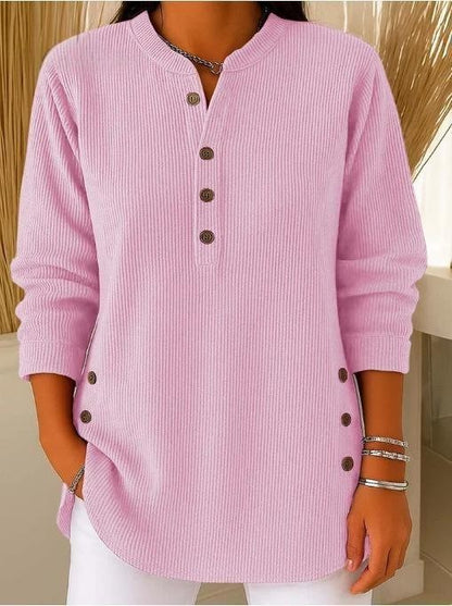 Corduroy Button Front Long Sleeve Henley Top