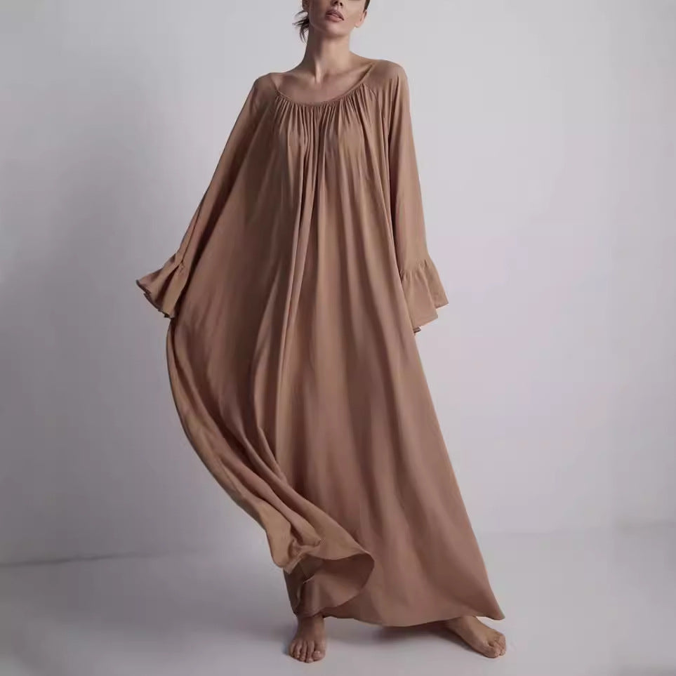 Women's Oversized Bell Sleeve Maxi House Dress Solid