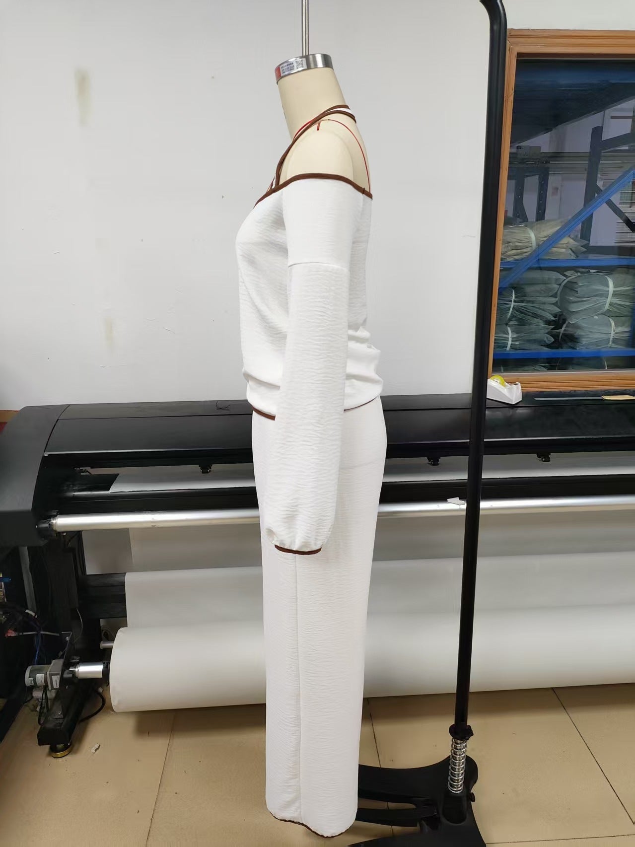 Off Shoulder Contrast Trim Knit Top and Pants Set