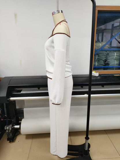 Off Shoulder Contrast Trim Knit Top and Pants Set