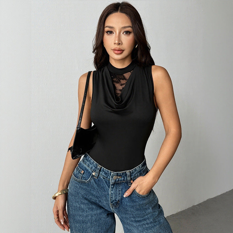 Lace Cowl Neck Sleeveless Slim Fit Bodysuit Top