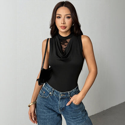 Lace Cowl Neck Sleeveless Slim Fit Bodysuit Top