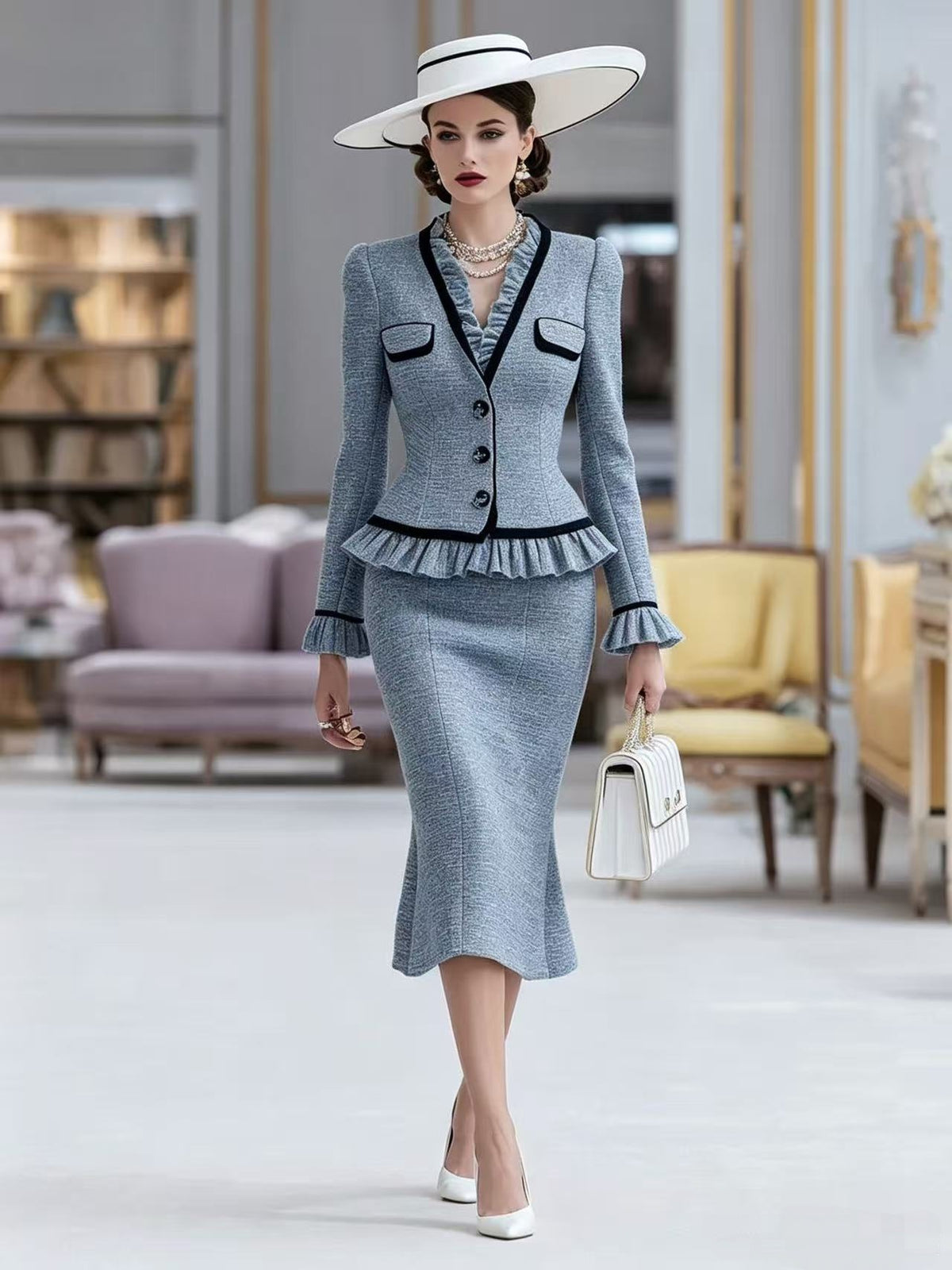 Elegant Colorblock Peplum Jacket Midi Skirt Matching Set