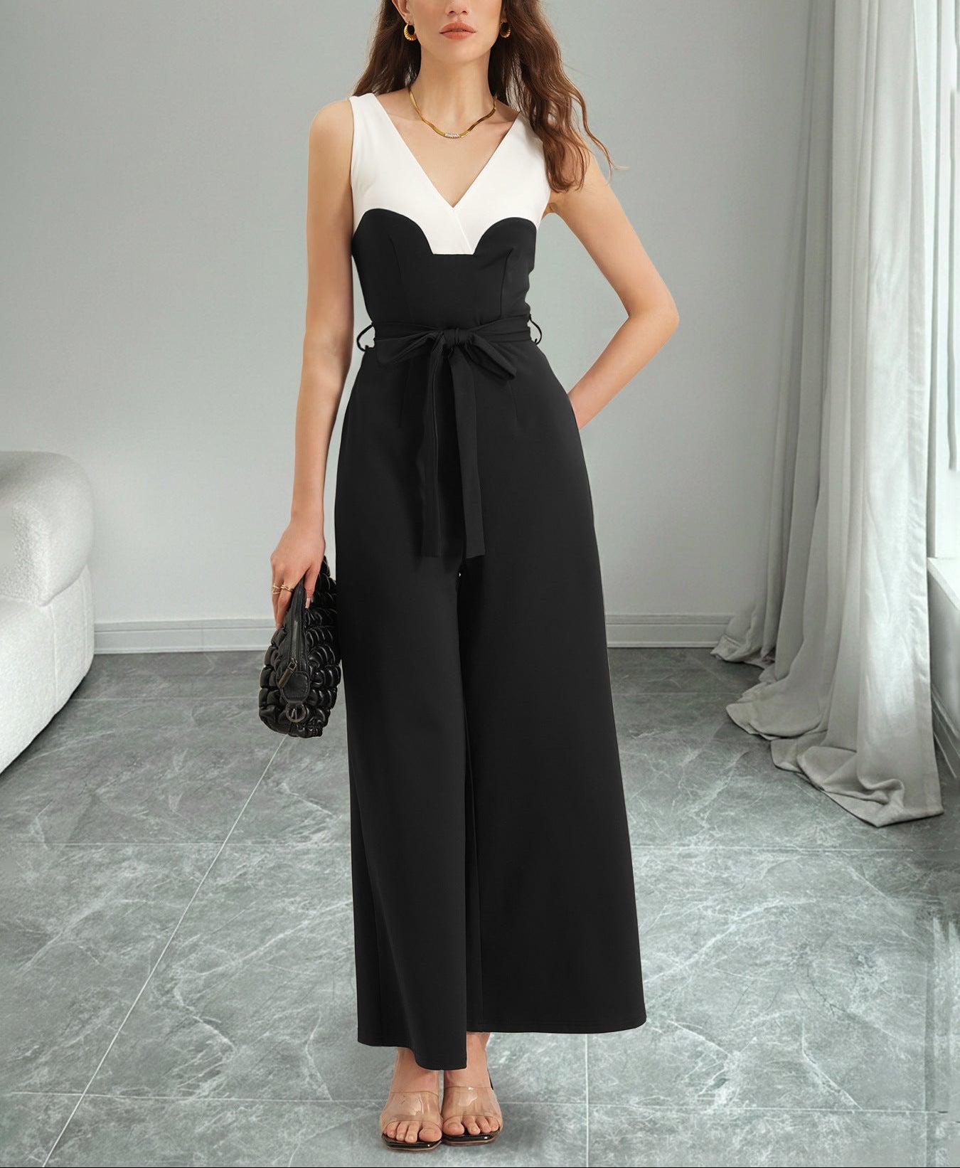 Sleeveless Color Block Jumpsuit Tie Waist Wide Leg