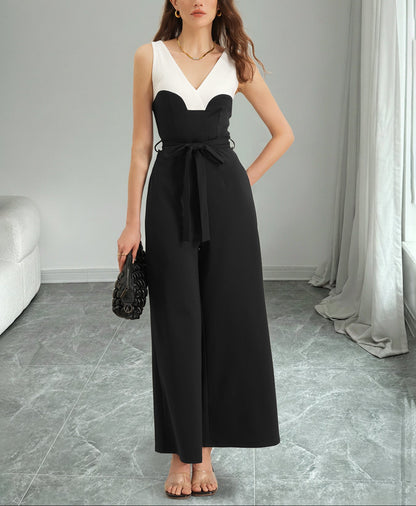 Sleeveless Color Block Jumpsuit Tie Waist Wide Leg