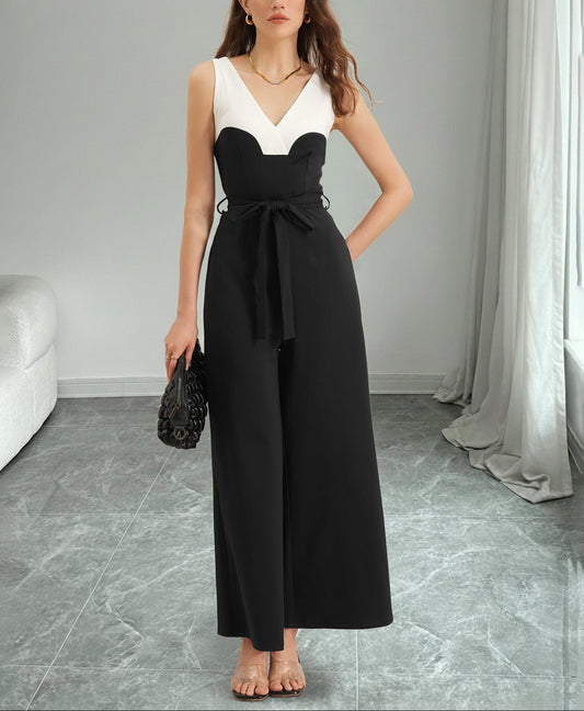 Sleeveless Color Block Jumpsuit Tie Waist Wide Leg