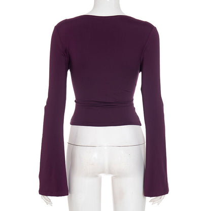 Sexy Deep V Neck Long Sleeve Bodycon Crop Top