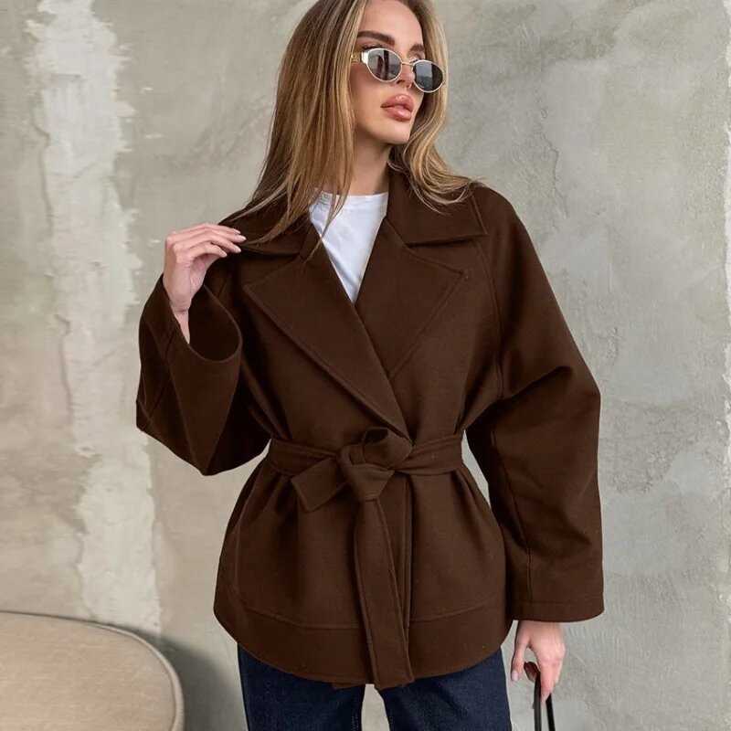 Women's Belted Wool Blend Lapel Mid-Length Coat