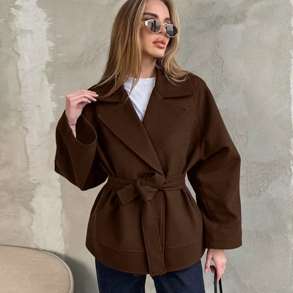 Women's Belted Wool Blend Lapel Mid-Length Coat